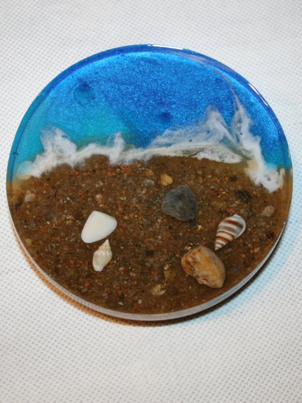 Beach Lover Gift Resin Magnet Ocean Scene Sand Shells Coastal Decor 4" Round